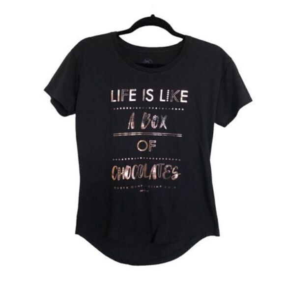 Bubba Gump Womens T Shirt Sz Medium Life Is Like A Box Of Chocolates Black Gold - Picture 1 of 5